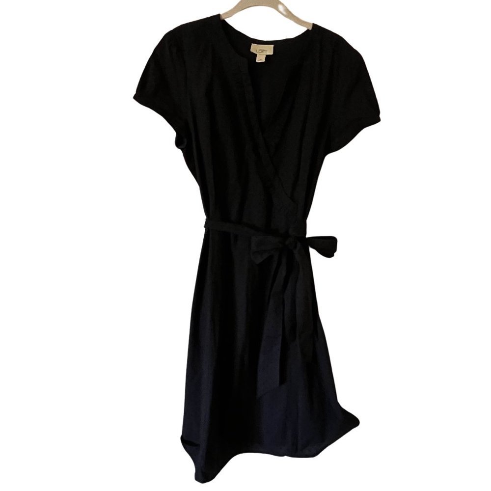 Loft Navy Blue Dotted Swiss Cap Sleeve Faux Wrap Dress 100% Cotton Plus Size 14